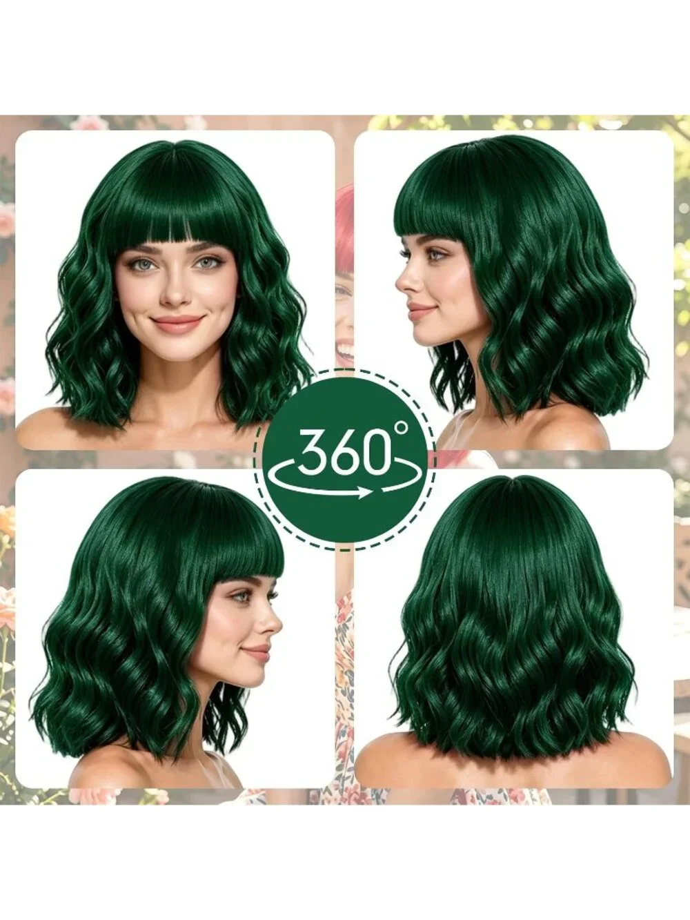 Women's Dark Green Curly Bob Synthetic Wigs Bangs With Neon Heart Sunglasses